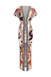 Geometric Leaves Print Ruched Short Sleeve Slit Midi Dress